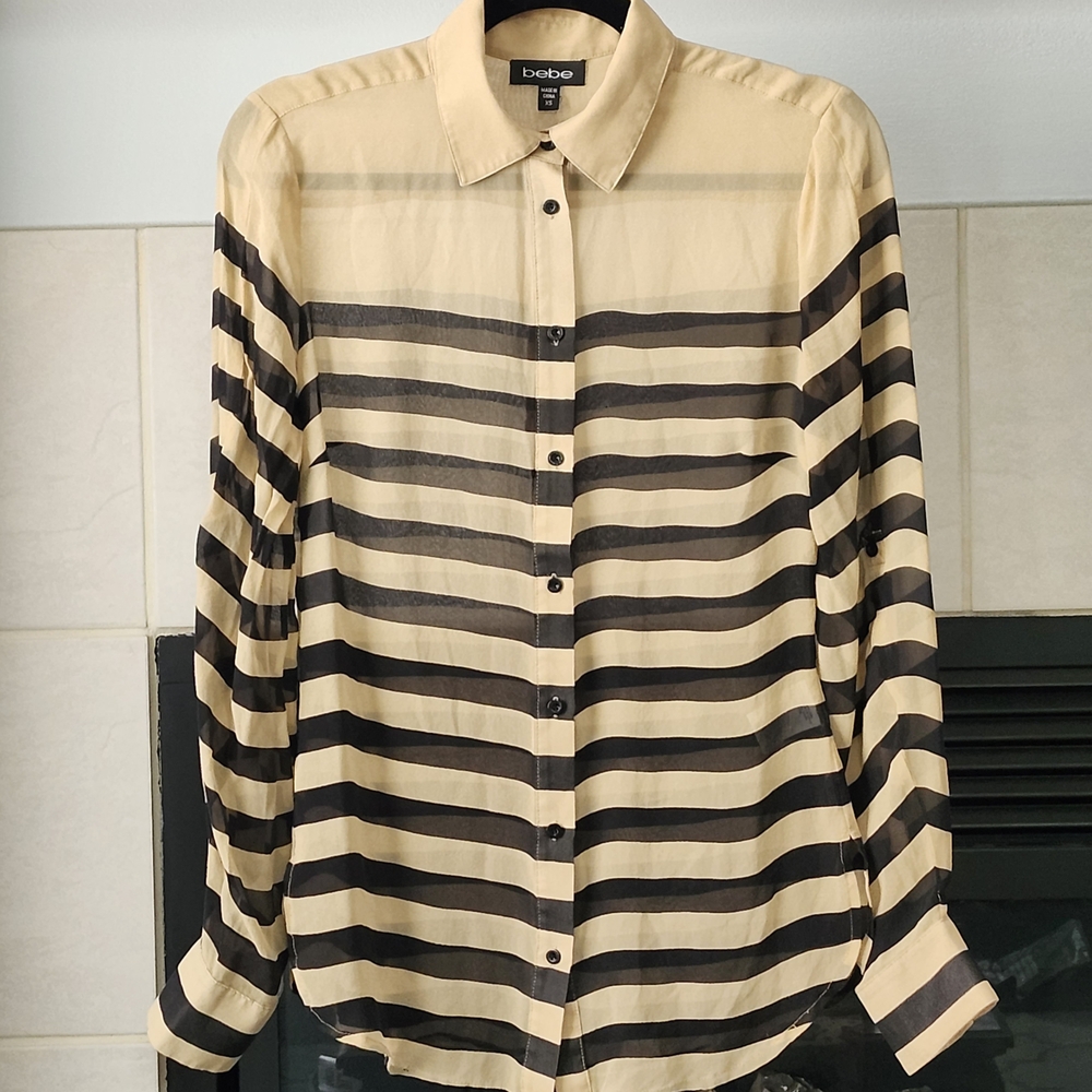 Bebe 100% Silk Striped Long Sleeve Button-Down Shirt, Black & Tan, Women Size XS